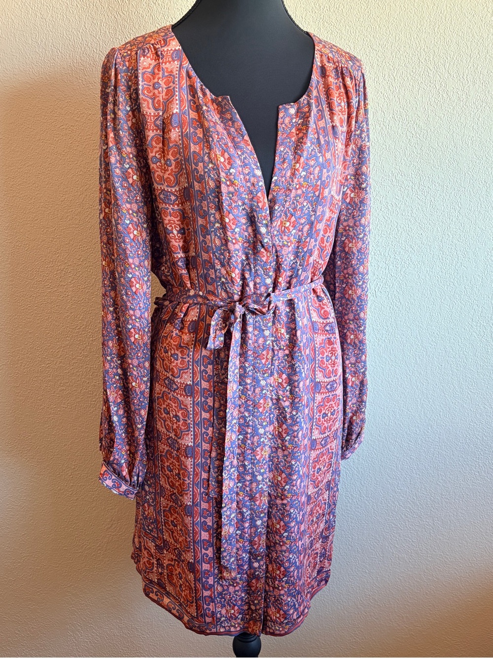 Joie Coral and Purple Floral Tie-Waist Long-Sleeve Dress